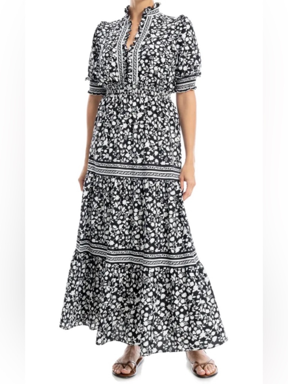 Max Studio Floral Short Sleeve Tiered Maxi Dress Women’s Size Large